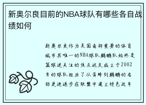 新奥尔良目前的NBA球队有哪些各自战绩如何